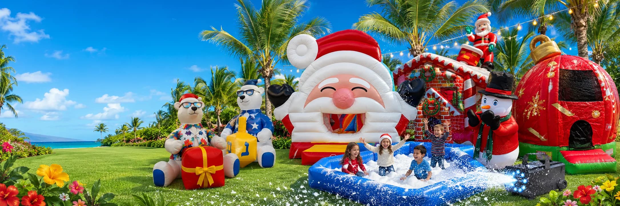 Holiday inflatables — a Santa bounce house, gingerbread house, snowman, and holiday bears — set up around a Snow Zone on a sunny lawn