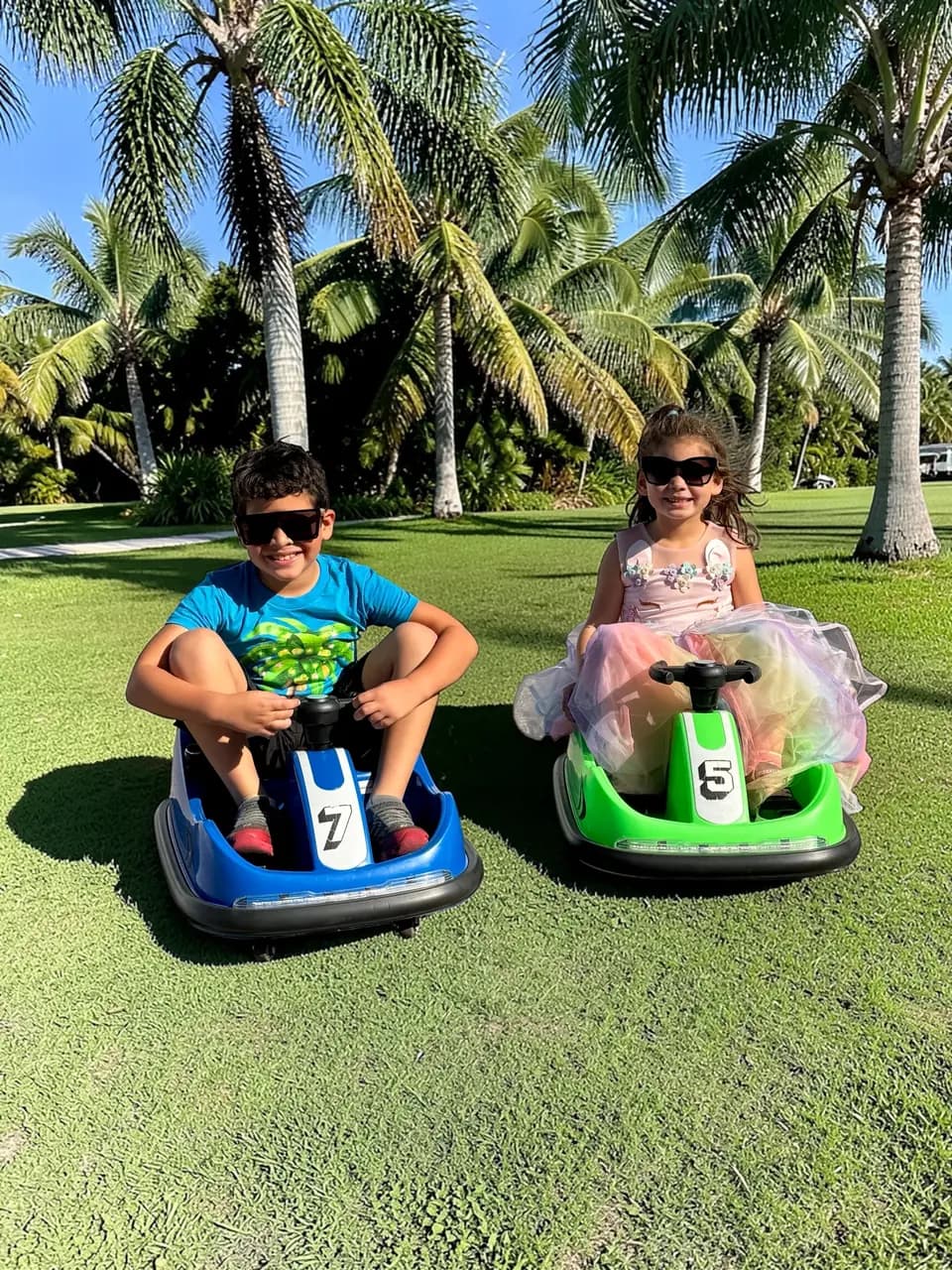 Two children wearing sunglasses driving blue and green electric bumper cars on a grass lawn lined with palm trees